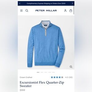 Peter Millar Blue Zip Up Sweater with Ribbed Collar